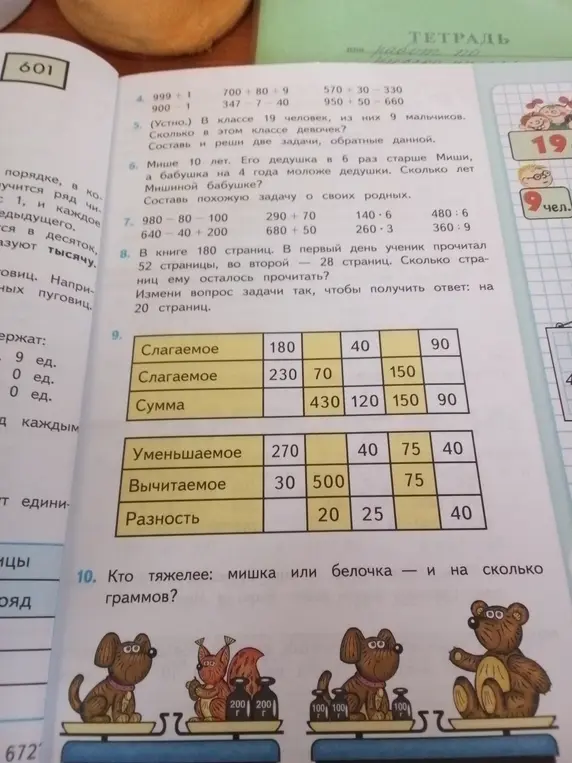 Реши примеры 999 + 1, 700 + 80 + 9, 570 + 30 - 30, 900 - 1, 347 - 7 - 40, 950 + 50 - 660