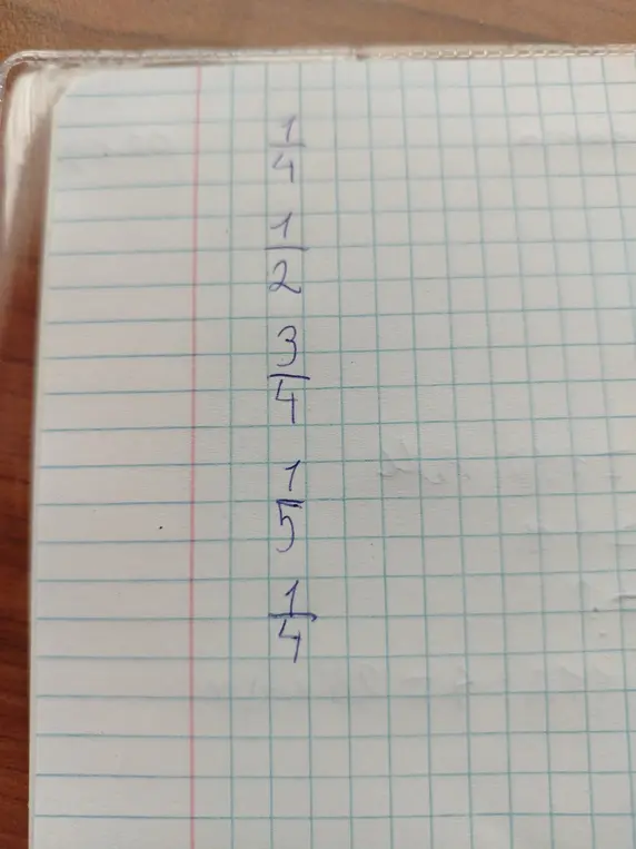 Найти сумму дробей: 1/4, 1/2, 3/4, 1/5, 1/4.