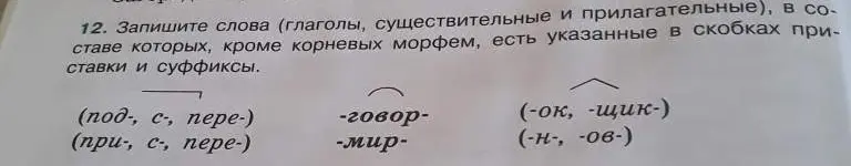 Запиши слова (глаголы, существительные и прилагательные), в составе которых, кроме корневых морфем, есть указанные в скобках приставки и суффиксы