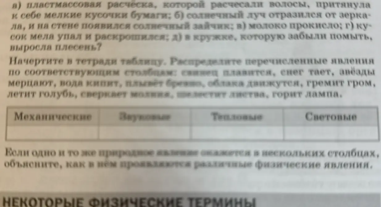 Распредели перечисленные явления по соответствующим столбцам таблицы: механические, звуковые, тепловые, световые. Если одно и то же явление окажется в нескольких столбцах, объясни, как в нём проявляются различные физические явления.