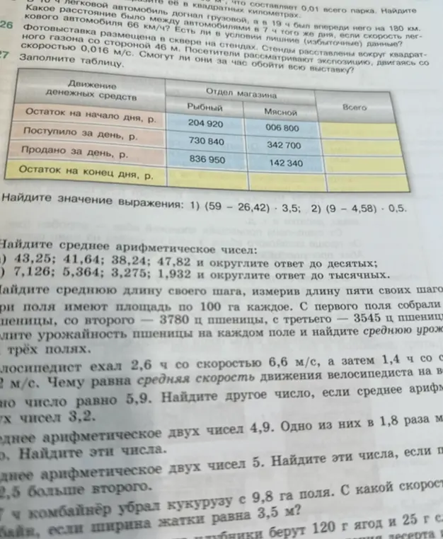 Заполни таблицу и найди значение выражения: 1) (59 - 26,42) · 3,5 и 2) (9 - 4,58) · 0,5, а также среднее арифметическое чисел: а) 43,25; 41,64; 38,24; 47,82 и округли ответ до десятых, и б) 7,126; 5,364; 3,275; 1,932 и округли ответ до тысячных.