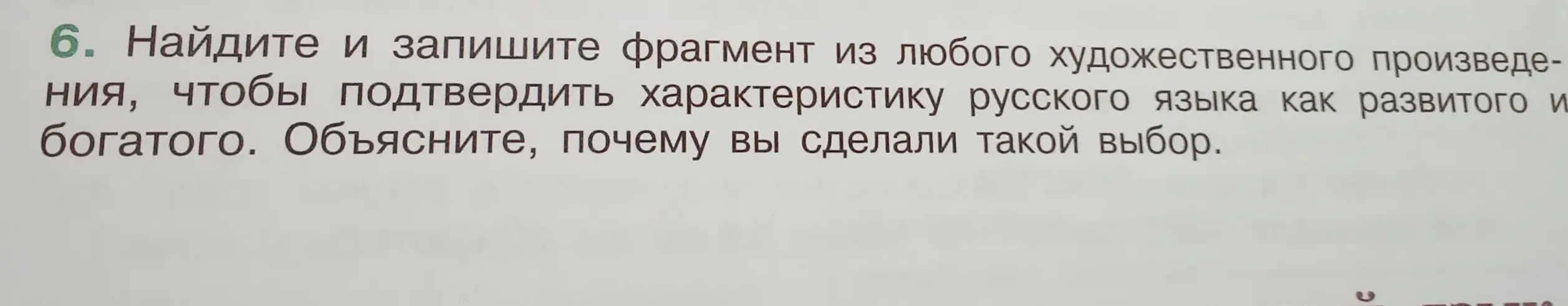 Найди и запиши фрагмент из любого художественного произведения, чтобы подтвердить характеристику русского языка как развитого и богатого. Объясни, почему ты сделал такой выбор.