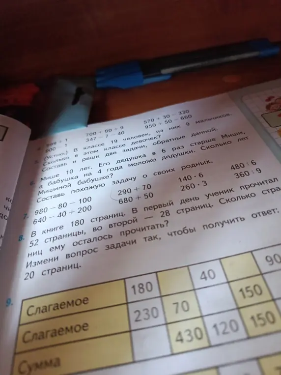 Реши примеры и задачи по математике, включая вычисления, задачи на возраст и количество, а также заполни таблицу со слагаемыми и суммами.