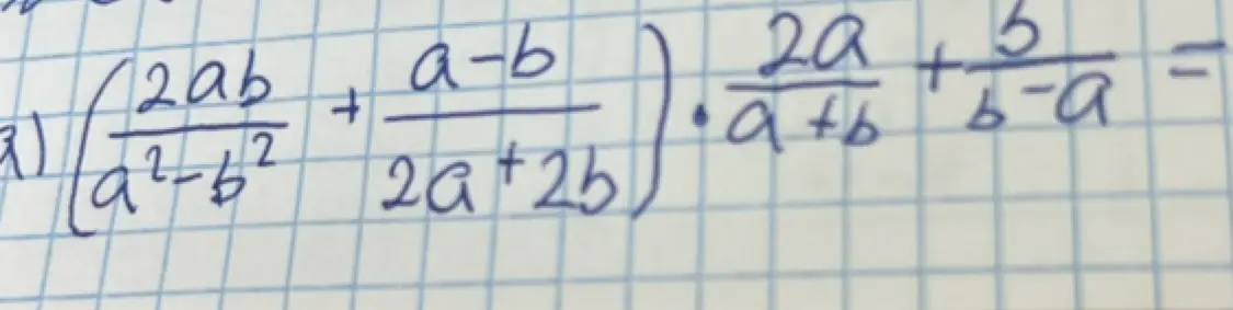 Реши выражение $\left(\frac{2ab}{a^2-b^2} + \frac{a-b}{2a+2b}\right) \cdot \left(\frac{2a}{a+b} + \frac{b}{b-a}\right)$