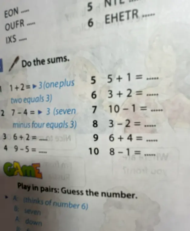 Реши примеры по арифметике: 1+2=, 7-4=, 6+2=, 9-5=, 5+1=, 3+2=, 10-1=, 3-2=, 6+4=, 8-1=