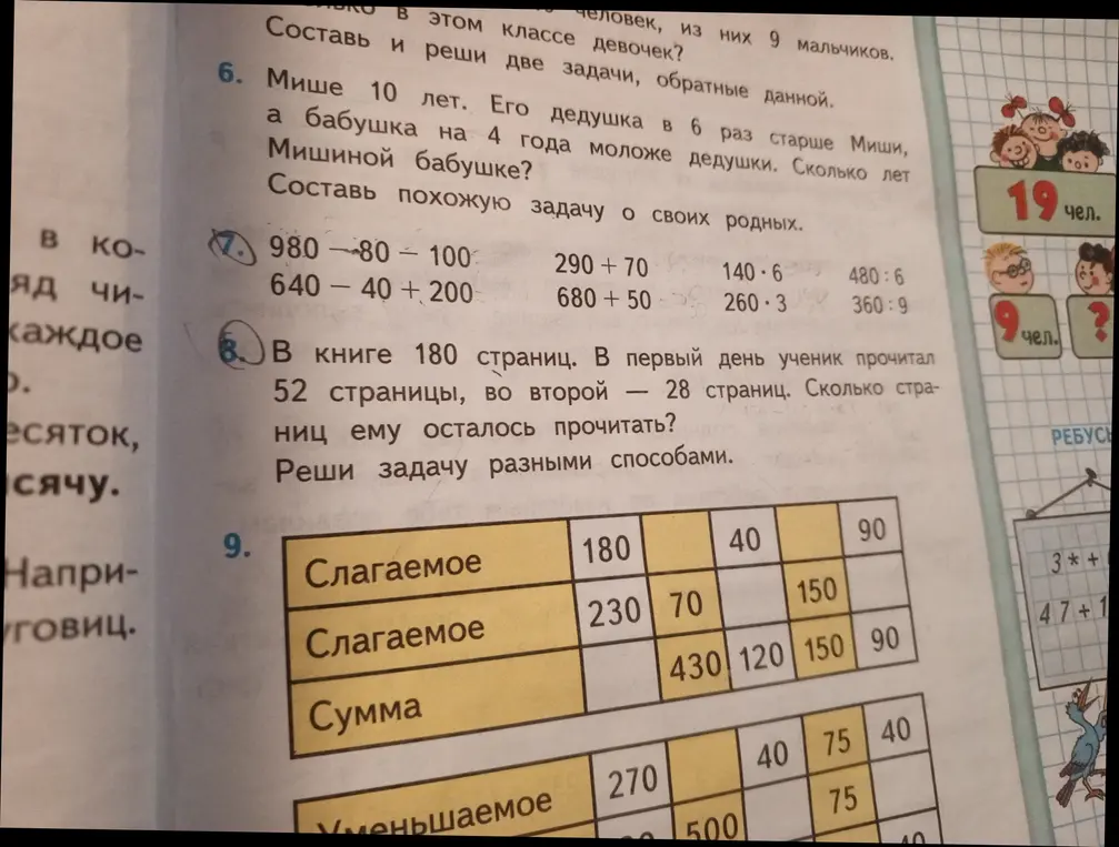 Реши примеры 980 - 80 - 100, 290 + 70, 140 * 6, 480 : 6, 640 - 40 + 200, 680 + 50, 260 * 3, 360 : 9. Реши задачу разными способами: В книге 180 страниц. В первый день ученик прочитал 52 страницы, во второй - 28 страниц. Сколько страниц ему осталось прочитать?