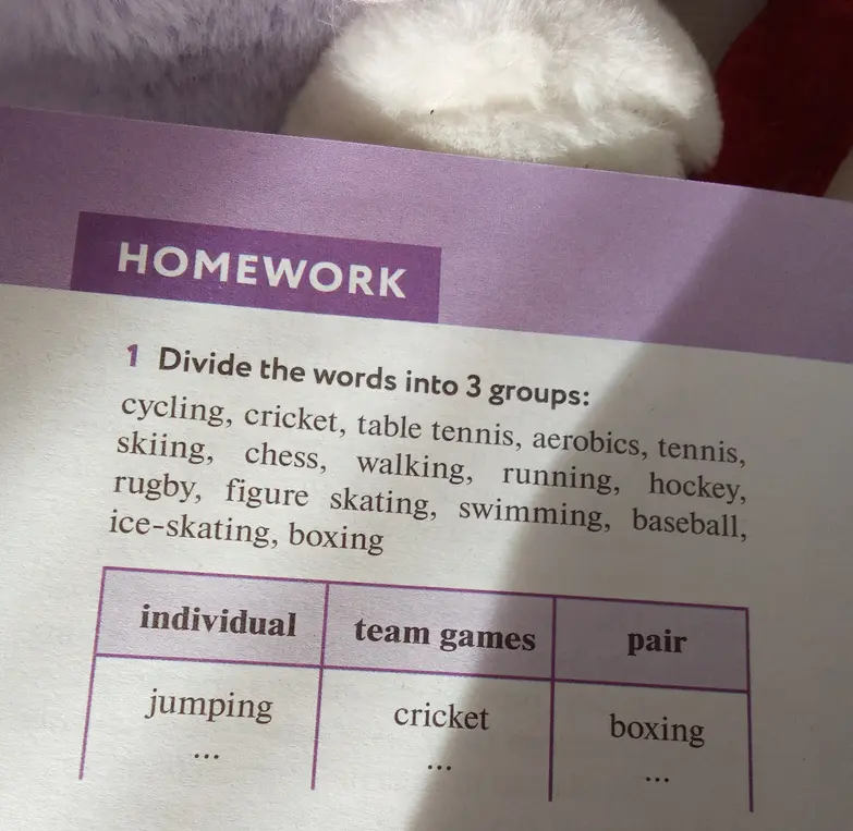 Раздели слова на 3 группы: individual, team games, pair