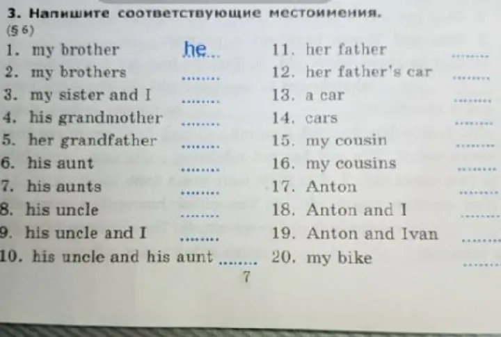 Напиши соответствующие местоимения к словам и фразам