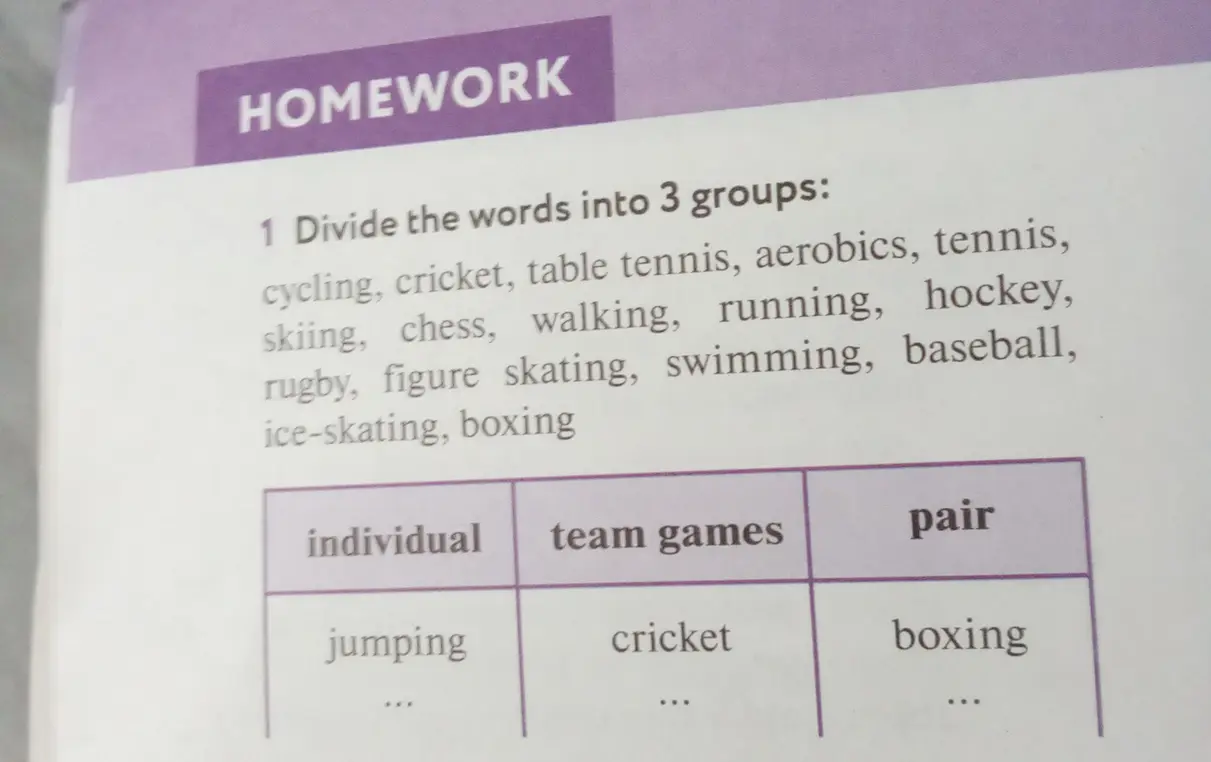 Раздели слова на 3 группы: cycling, cricket, table tennis, aerobics, tennis, skiing, chess, walking, running, hockey, rugby, figure skating, swimming, baseball, ice-skating, boxing