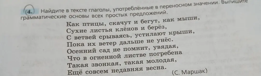 Найди в тексте глаголы, употреблённые в переносном значении, и выпиши грамматические основы всех простых предложений.