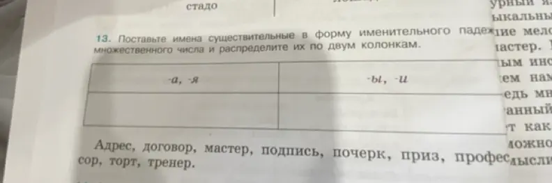 Поставь имена существительные в форму именительного падежа множественного числа и распредели их по двум колонкам: -а, -я и -ы, -и.