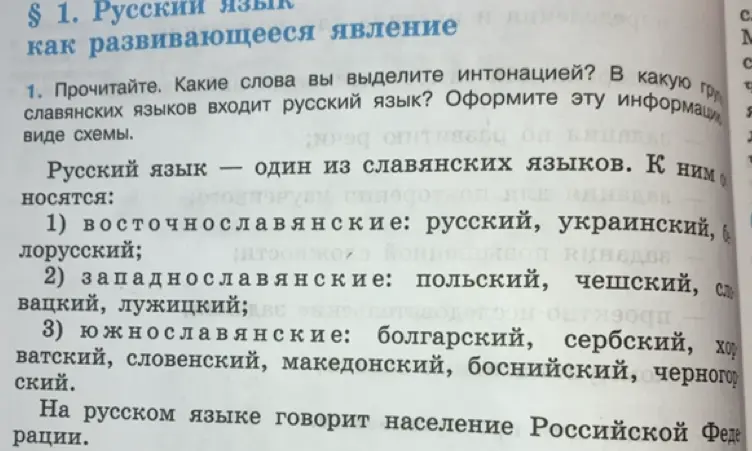 Какие слова выделить интонацией? В какую группу славянских языков входит русский язык? Оформите эту информацию в виде схемы.