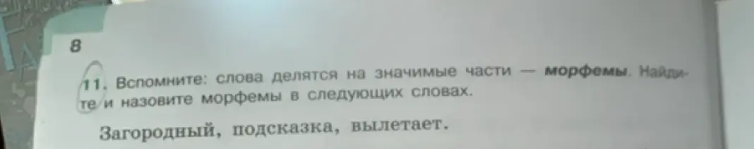 Назови морфемы в словах: Загородный, подсказка, вылетает.