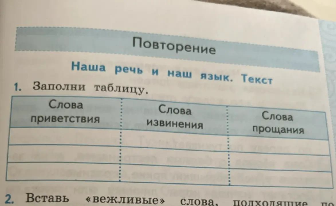 Заполни таблицу словами приветствия, извинения и прощания