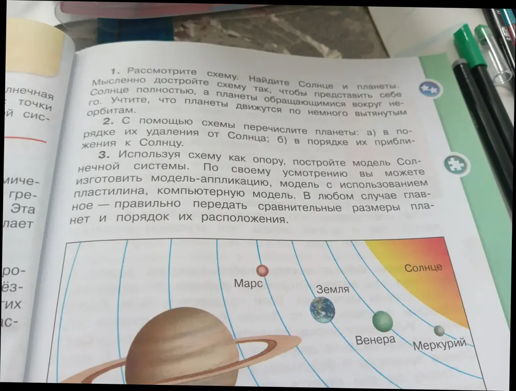 Рассмотрите схему. Найдите Солнце и планеты. Мысленно достройте схему так, чтобы представить себе Солнечную систему полностью, а планеты обращающимися вокруг него. Учтите, что планеты движутся по немного вытянутым орбитам.