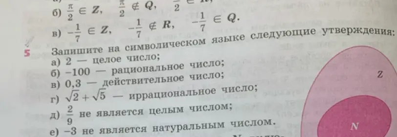 Запиши на символическом языке утверждения: 2 — целое число; -100 — рациональное число; 0,3 — действительное число; $\sqrt{2} + \sqrt{5}$ — иррациональное число; $\frac{2}{9}$ не является целым числом; -3 не является натуральным числом.