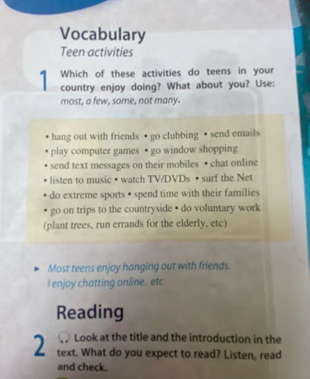 Какие из этих занятий (Teen activities) любят подростки в твоей стране? Что насчёт меня? Используй слова: most, a few, some, not many