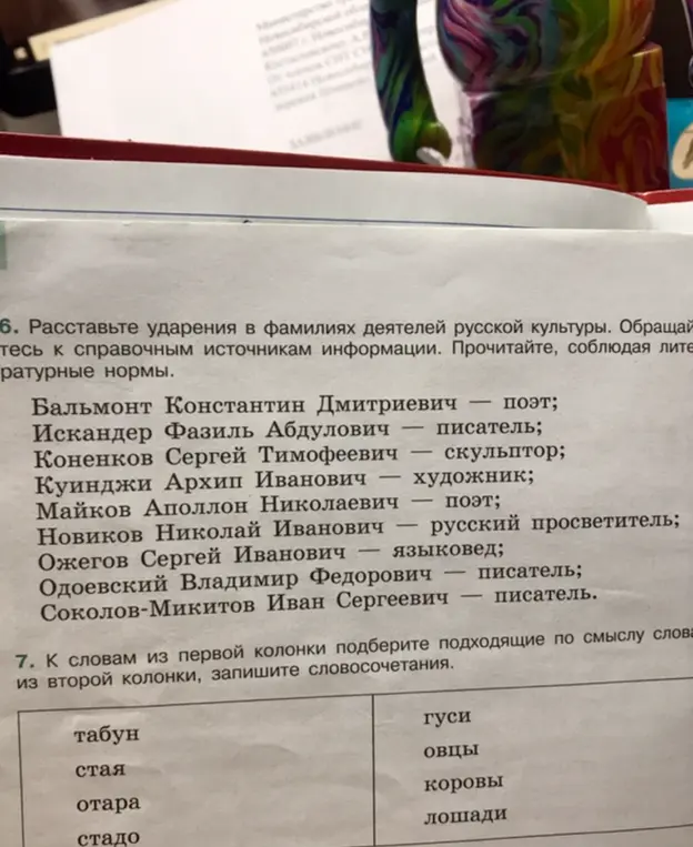 Расставь ударения в фамилиях деятелей русской культуры и подбери подходящие по смыслу слова из второй колонки к словам из первой колонки.