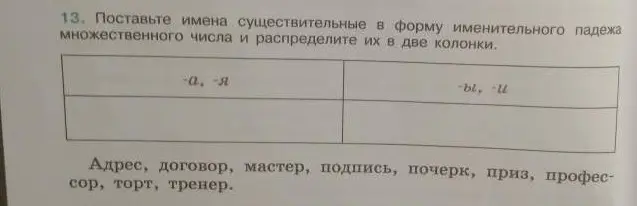 Поставь имена существительные в форму именительного падежа множественного числа и распредели их в две колонки: -а, -я и -ы, -и.