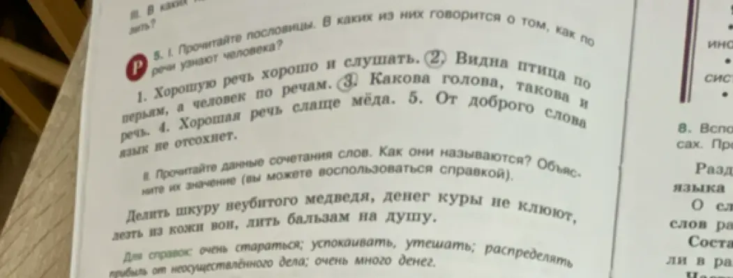 Прочитай пословицы. В каких из них говорится о том, как по речи узнают человека? Прочитай данные сочетания слов. Как они называются? Объясни их значение.