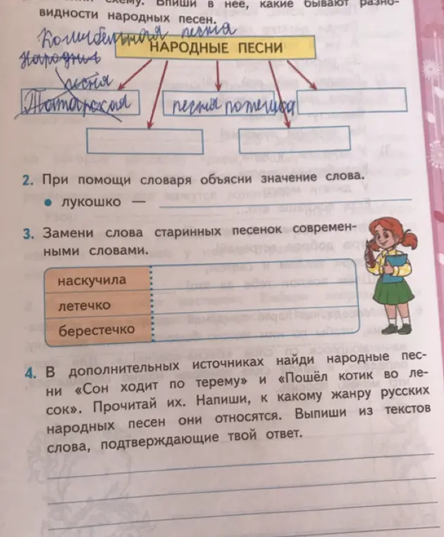 Объясни значение слова лукошко, замени слова старинных песенок современными словами и определи жанр народных песен «Сон ходит по терему» и «Пошёл котик во лесок»
