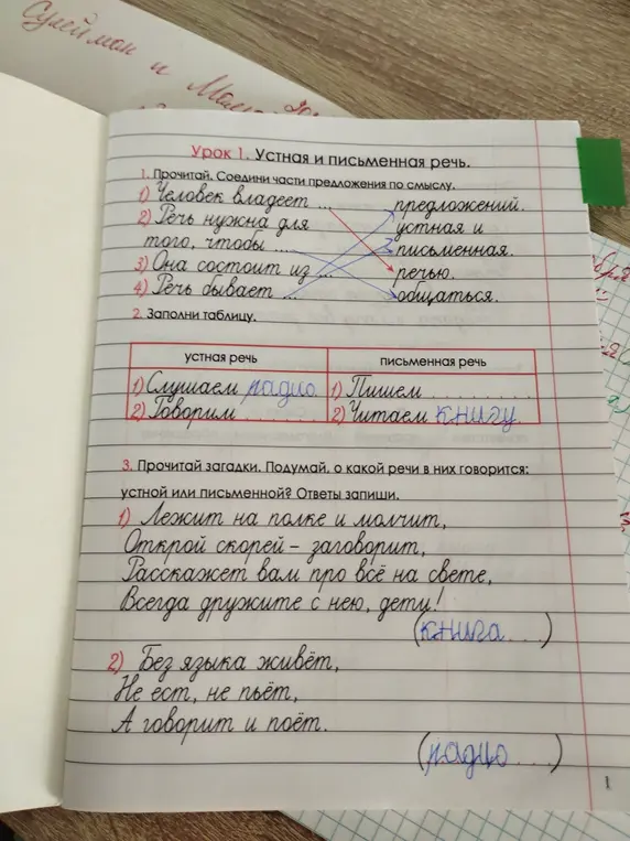 Соедини части предложения по смыслу и заполни таблицу про устную и письменную речь