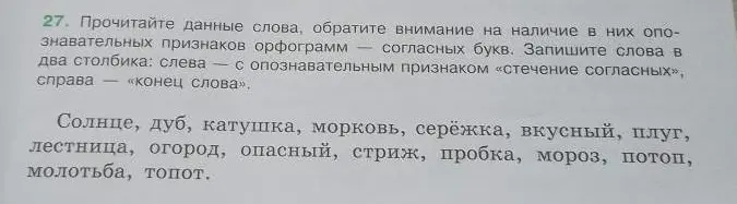 Прочитай данные слова, обрати внимание на наличие в них опознавательных признаков орфограмм — согласных букв. Запиши слова в два столбика: слева — с опознавательным признаком «стечение согласных», справа — «конец слова».
