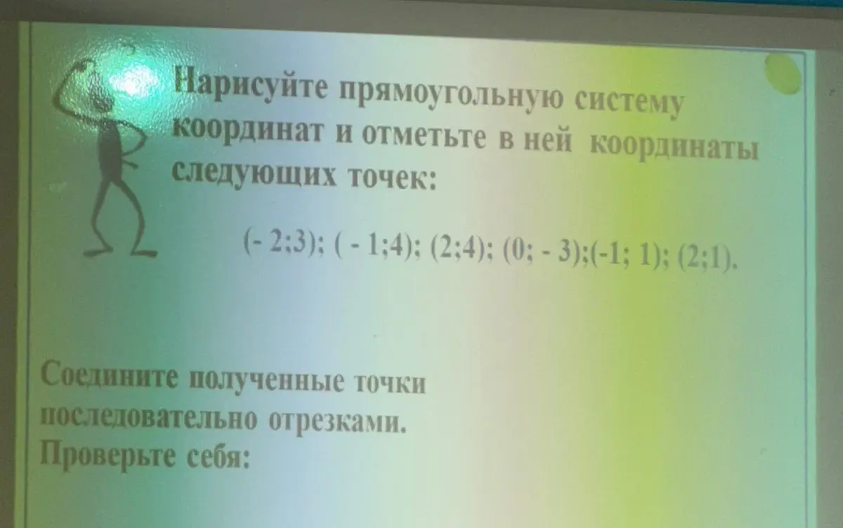 Нарисуй прямоугольную систему координат и отметь в ней координаты следующих точек: (-2; 3); (-1; 4); (2; 4); (0; -3); (-1; 1); (2; 1).