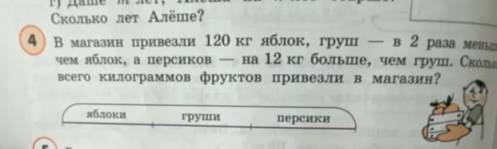Сколько всего килограммов фруктов привезли в магазин, если яблок 120 кг, груш в 2 раза меньше, чем яблок, а персиков на 12 кг больше, чем груш?