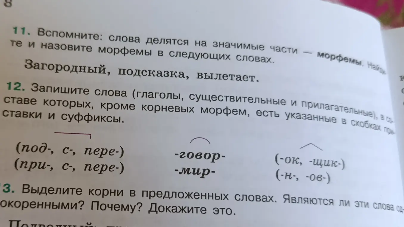 Назови морфемы в следующих словах: Загородный, подсказка, вылетает.