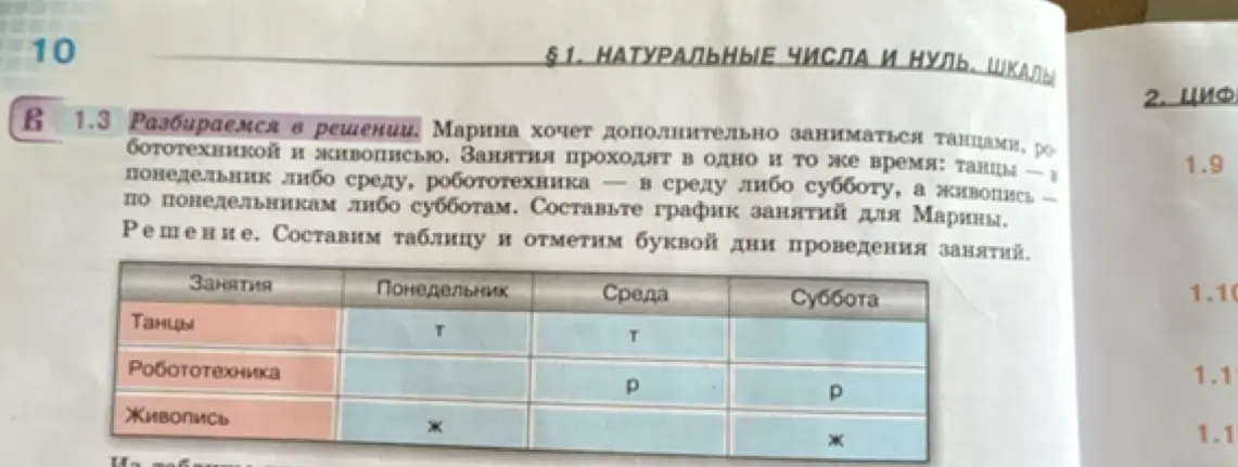 Составь график занятий для Марины, учитывая, что занятия проходят в одно и то же время: танцы — в понедельник либо среду, робототехника — в среду либо субботу, а живопись — по понедельникам либо субботам.