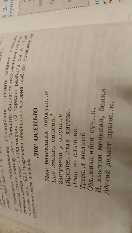 Прочитай стихотворение, передай своими словами картину осени, спиши, сделай письменный синтаксический разбор первого предложения и графически обозначь условия выбора вставленных орфограмм после шипящих