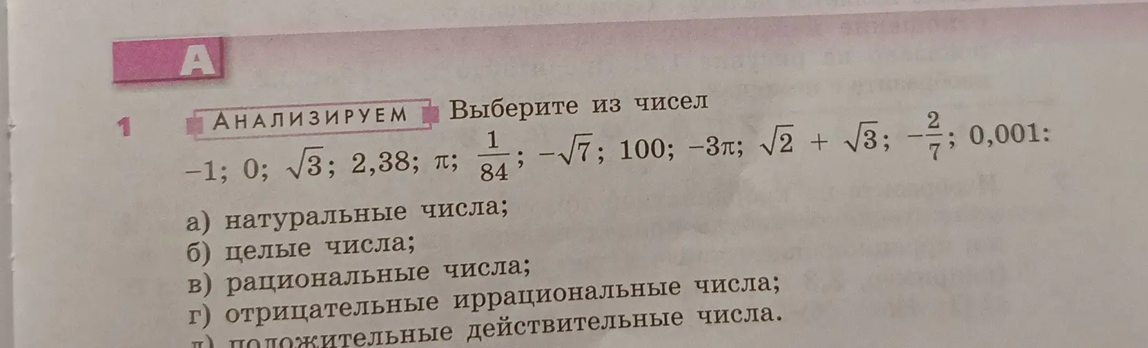 Выберите из чисел -1; 0; $\sqrt{3}$; 2,38; $\pi$; $\frac{1}{84}$; -$\sqrt{7}$; 100; -3$\pi$; $\sqrt{2}$ + $\sqrt{3}$; -$\frac{2}{7}$; 0,001: а) натуральные числа;