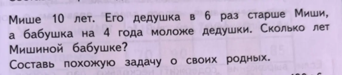 Сколько лет Мишиной бабушке и составь похожую задачу о своих родных
