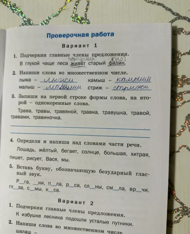Подчеркни главные члены предложения в предложении «В глухой чаще леса живёт старый филин.»