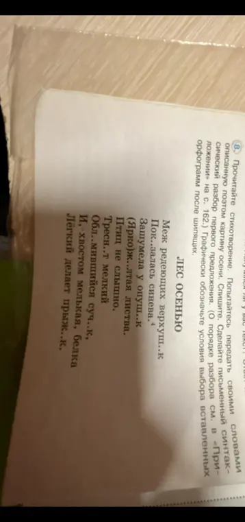 Прочитай стихотворение, передай своими словами его содержание, спиши, вставь пропущенные буквы, обозначь орфограммы и сделай синтаксический разбор первого предложения.