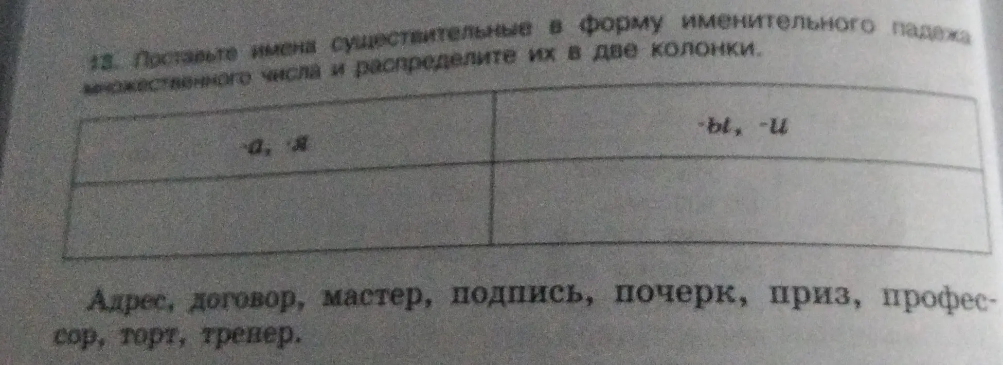 Поставь имена существительные в форму именительного падежа множественного числа и распредели их в две колонки: -а, -я и -ы, -и.