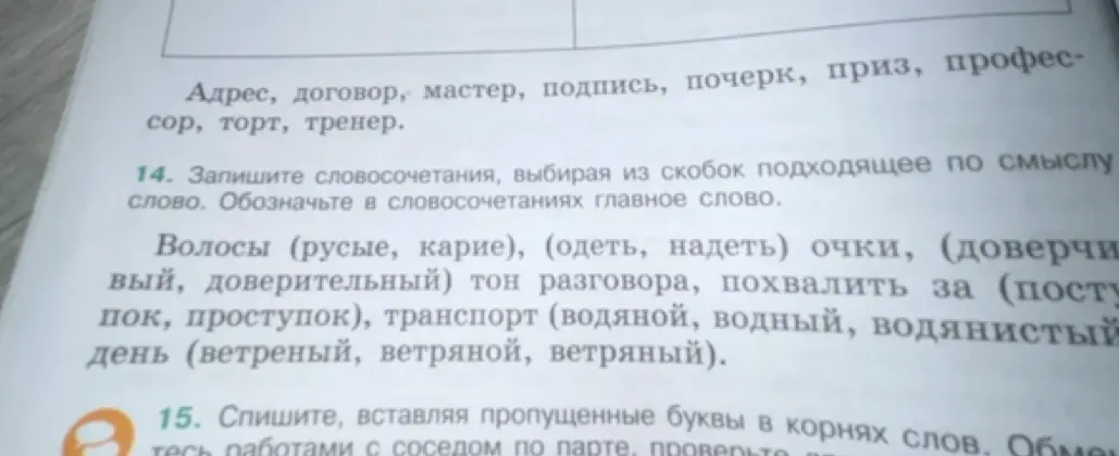 Запиши словосочетания, выбирая из скобок подходящее по смыслу слово. Обозначь в словосочетаниях главное слово.