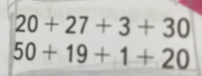 Реши примеры на сложение: 20 + 27 + 3 + 30 и 50 + 19 + 1 + 20