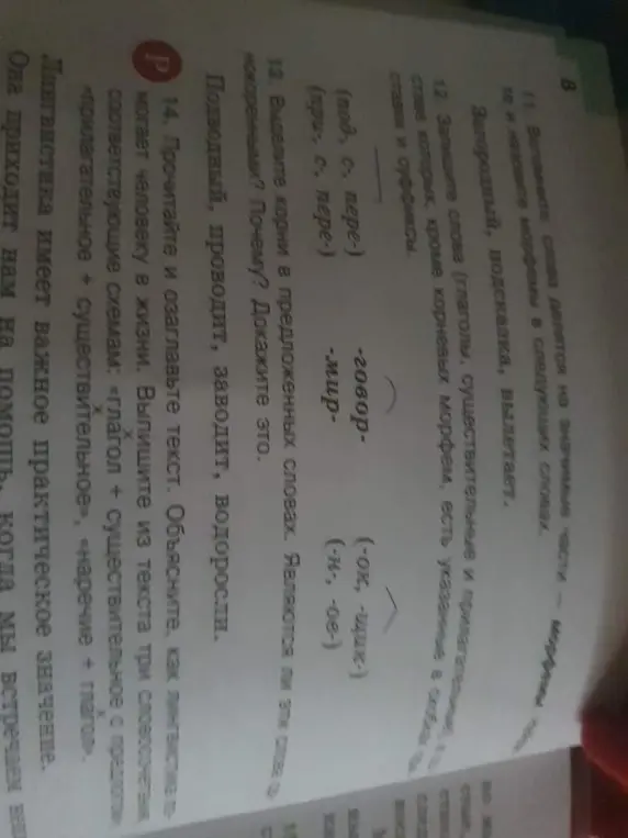 Назови морфемы в словах "Загородный", "подсказка", "вылетает"; запиши слова, в составе которых есть указанные приставки и суффиксы: (под-, с-, пере-) + -говор-; выдели корни в словах: подводный, проводит, заводит, водоросли, и объясни, являются ли они однокоренными; прочитай и озаглавь текст, объясни, как лингвистика помогает человеку в жизни, и выпиши из текста три словосочетания, соответствующие схемам.
