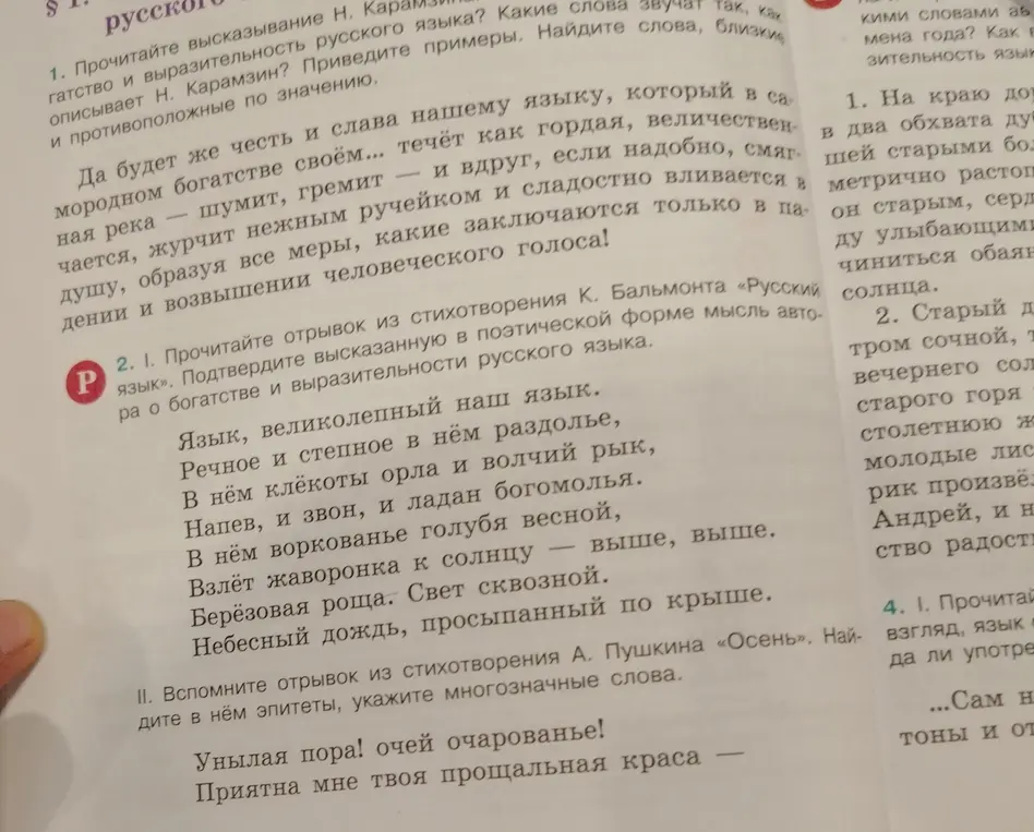Прочитай высказывание Н. Карамзина о богатстве и выразительности русского языка. Какие слова звучат так, как описывает Н. Карамзин? Приведи примеры. Найди слова, близкие и противоположные по значению.