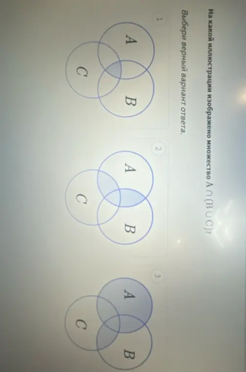 На какой иллюстрации изображено множество A ∩ (B ∪ C)?