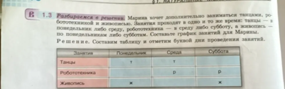 Составь график занятий для Марины, учитывая, что танцы проходят в понедельник либо среду, робототехника — в среду либо субботу, а живопись — по понедельникам либо субботам