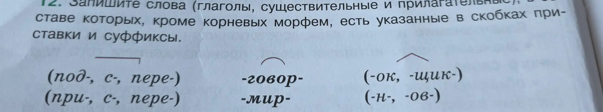 Запиши слова (глаголы, существительные и прилагательные), в составе которых, кроме корневых морфем, есть указанные в скобках приставки и суффиксы.