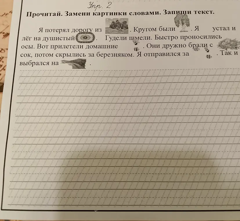 Замени картинки словами и запиши текст.