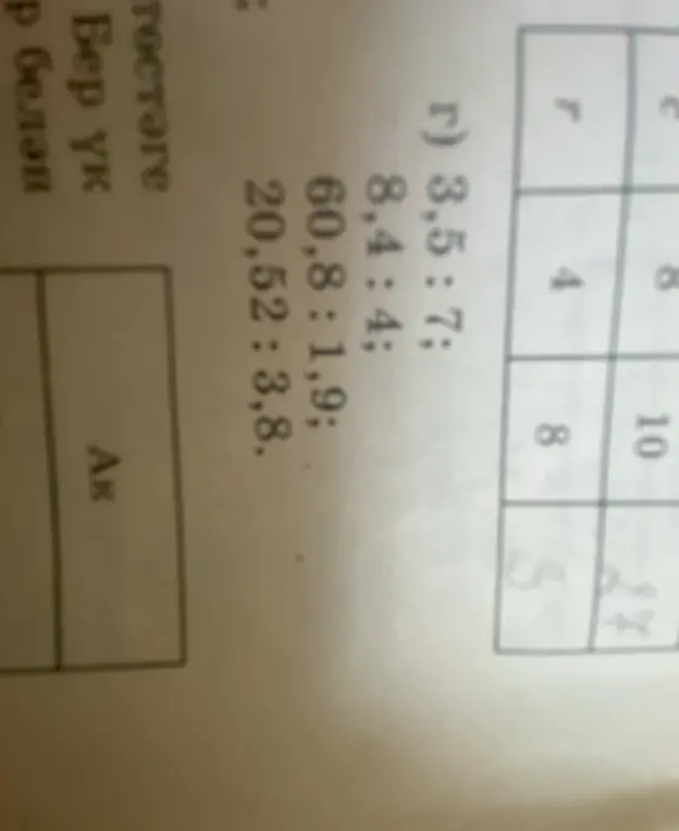 Раздели 3,5 на 7, 8,4 на 4, 60,8 на 1,9, 20,52 на 3,8