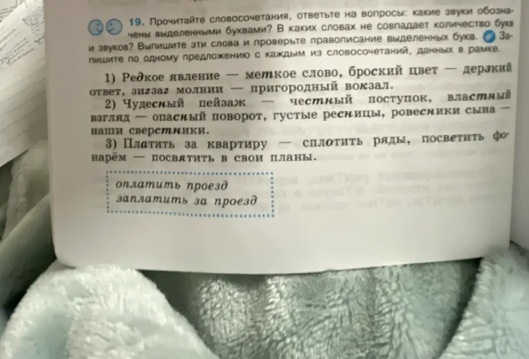 Прочитай словосочетания, ответь на вопросы: какие звуки обозначают выделенные буквы? В каких словах не совпадает количество букв и звуков? Выпиши эти слова и проверь правописание выделенных букв. Запиши по одному предложению с каждым из словосочетаний, данных в рамке.