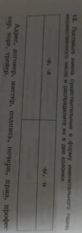 Поставь имена существительные в форму именительного падежа множественного числа и распредели их в две колонки.