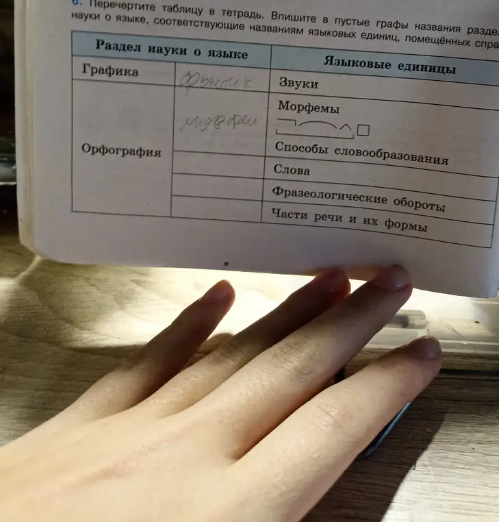 Перечертите таблицу в тетрадь. Впишите в пустые графы названия разделов науки о языке, соответствующие названиям языковых единиц, помещённых справа.