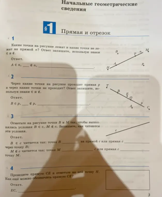 Какие точки на рисунке лежат и какие точки не лежат на прямой n?